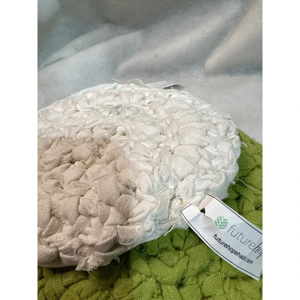 Future Hope Haiti Set‎ of 3 Round Crochet Coasters Potholders White Green